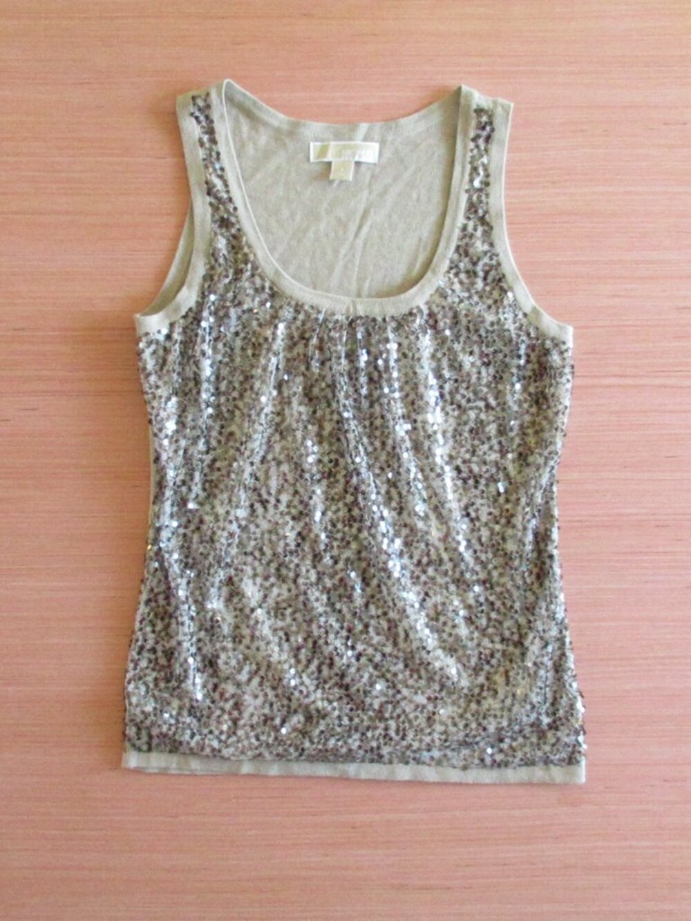 Michael Kors Sequin Tank Top Beige Gold Sparkle Party Sleeveless